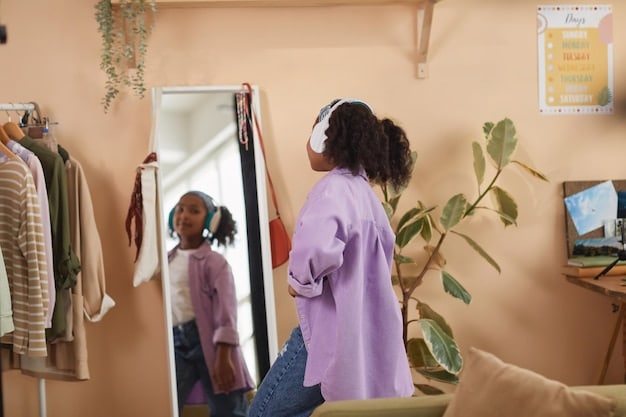 A person happily choosing an outfit from a streamlined, minimalist closet, showing ease and confidence in their decision, reflecting the mental benefits of a capsule wardrobe.
