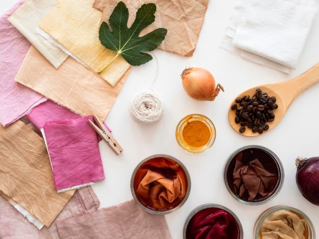 A detailed flat lay of sustainable textiles like organic cotton, hemp, and recycled polyester, with swatches laid out on a natural wood surface, highlighting texture and eco-friendly raw materials.