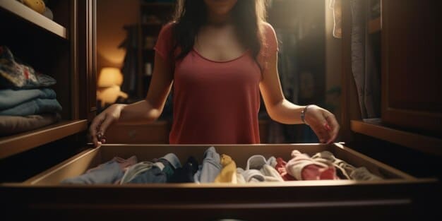 A person thoughtfully selecting an item from a neatly arranged capsule wardrobe, with a few versatile pieces on hangers and a minimalist aesthetic, signifying mindful consumption.