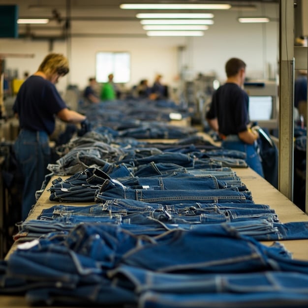 A modern denim factory showcasing sustainable practices, with water recycling systems visible and workers in clean, bright environments.