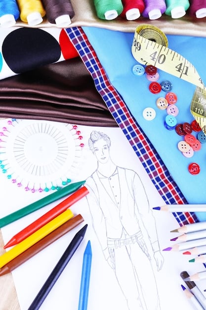 A detailed shot of tailoring tools, fabric swatches, and a fashion design sketch of a gender-neutral coat, emphasizing the careful craftsmanship involved in creating adaptable garments.