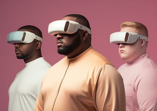 A diverse group of people from different generations interacting in a dynamic, multi-sensory virtual reality environment, each wearing unique, digitally enhanced apparel.