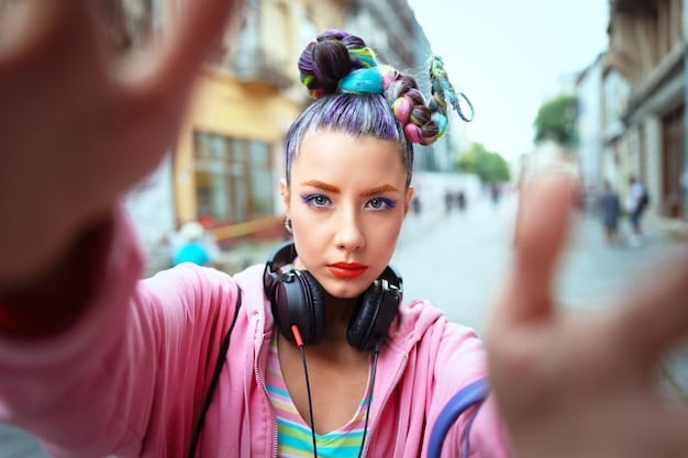 A young female influencer with vibrant hair and eclectic fashion sense, expertly posing for a photo while holding a camera, surrounded by softboxes and a digital tablet displaying analytics, conveying the blend of creativity and data-driven strategy in influencer marketing. She is wearing a modern, street-style outfit, and the background shows a blurred, stylish interior.