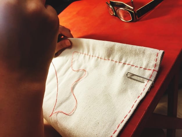 A close-up of a garment worker's hands meticulously stitching a piece of fabric, symbolizing the human effort and skill involved in ethical production, with softly blurred ethical fabrics in the background.