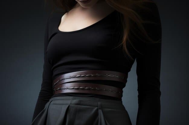 A close-up of a stylish woman's midsection, showcasing a bold, metallic statement belt over a black jumpsuit, highlighting texture and design.
