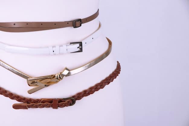 A fashion flat lay showing various statement belts of different styles (wide, thin, metallic, leather) alongside versatile clothing pieces (a blazer, a dress, high-waisted pants), illustrating styling options.
