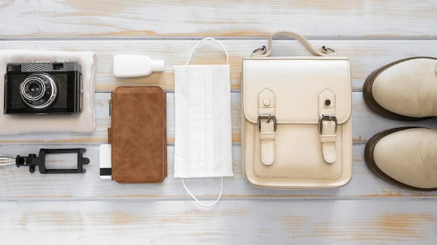 A flat lay of various handbag sizes and shapes, including a mini bag, a structured satchel, and a large tote, arranged to show the contrast in their dimensions. The background is clean and monochromatic.