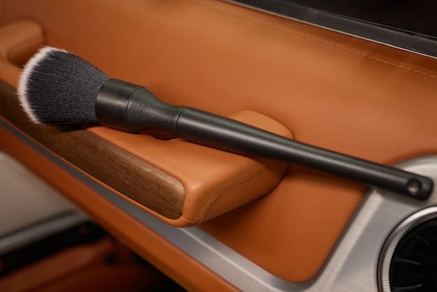 A detailed close-up of a high-quality leather hat being conditioned with a brush, emphasizing care and maintenance.