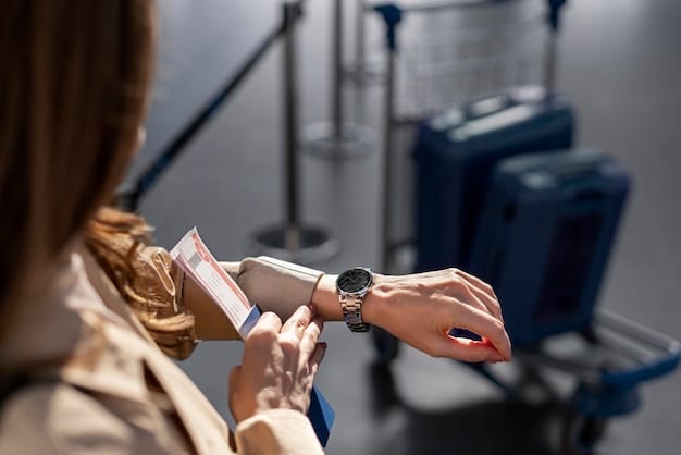 A traveler's hand adjusting a chic, minimalist watch against the backdrop of a bustling airport terminal, highlighting the importance of functional and stylish timepieces during travel.