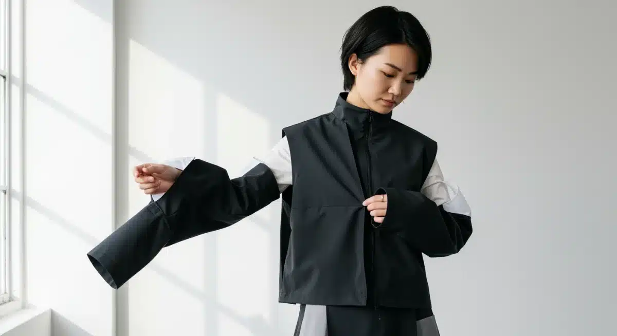 Person showing modular clothing versatility, emphasizing circular fashion.