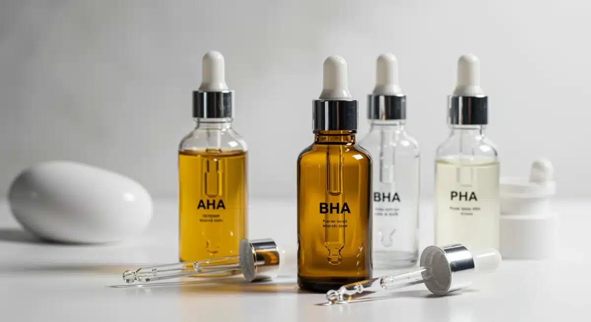 Skincare products featuring AHAs, BHAs, and PHAs for the 2025 Exfoliation Guide