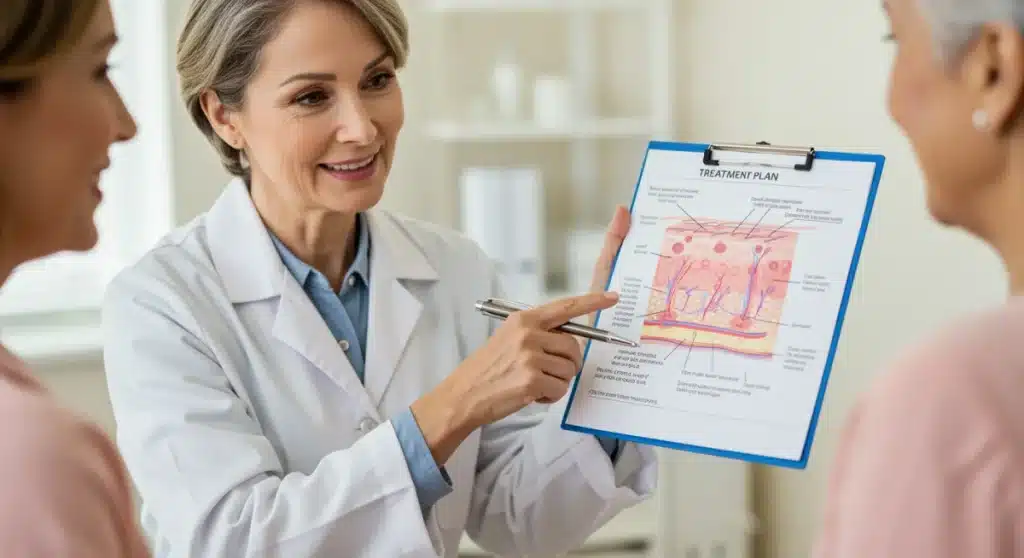 Dermatologist discussing personalized adult acne treatment plan with patient