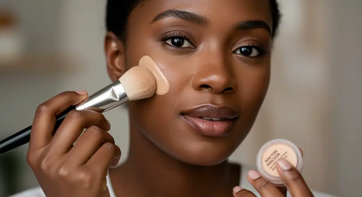 Woman applying non-toxic foundation for a natural, healthy glow.