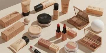 Assortment of non-toxic makeup products on a wooden surface, showcasing clean beauty.
