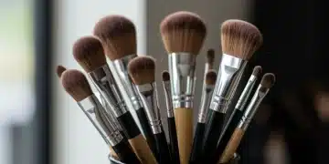 Assortment of clean eyeshadow brushes in a stylish holder.