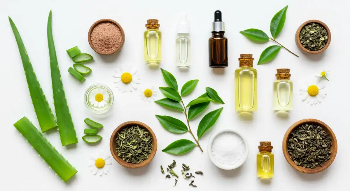 Natural ingredients like aloe vera and chamomile, symbolizing non-toxic makeup.