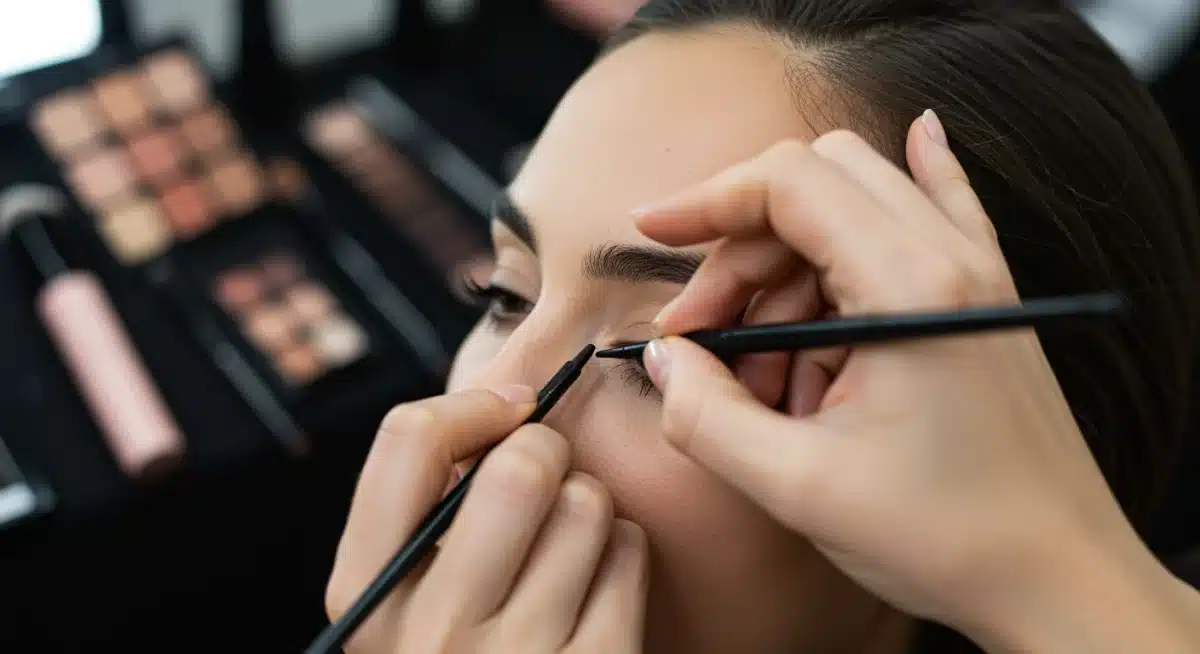Makeup artist applying precision eyeliner, demonstrating advanced makeup techniques.
