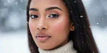 Woman with radiant, glowing skin and flawless makeup in winter