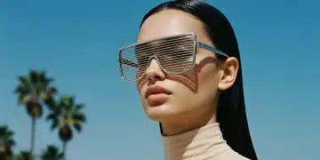 Oversized futuristic sunglasses on a stylish model for Summer 2026 eyewear trends.