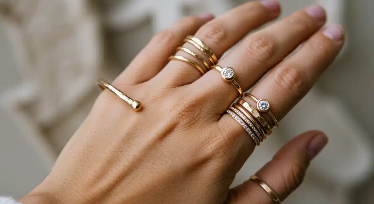 Minimalist metallic cuff bracelet with delicate layered rings on a hand