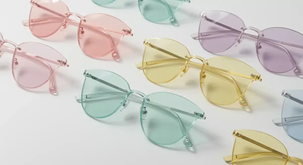 Minimalist rimless sunglasses with pastel tinted lenses, showcasing a modern eyewear trend.