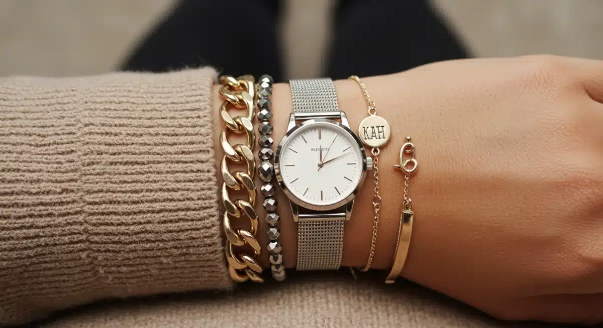 Stacked bracelets and watch on a wrist for a chic layered effect