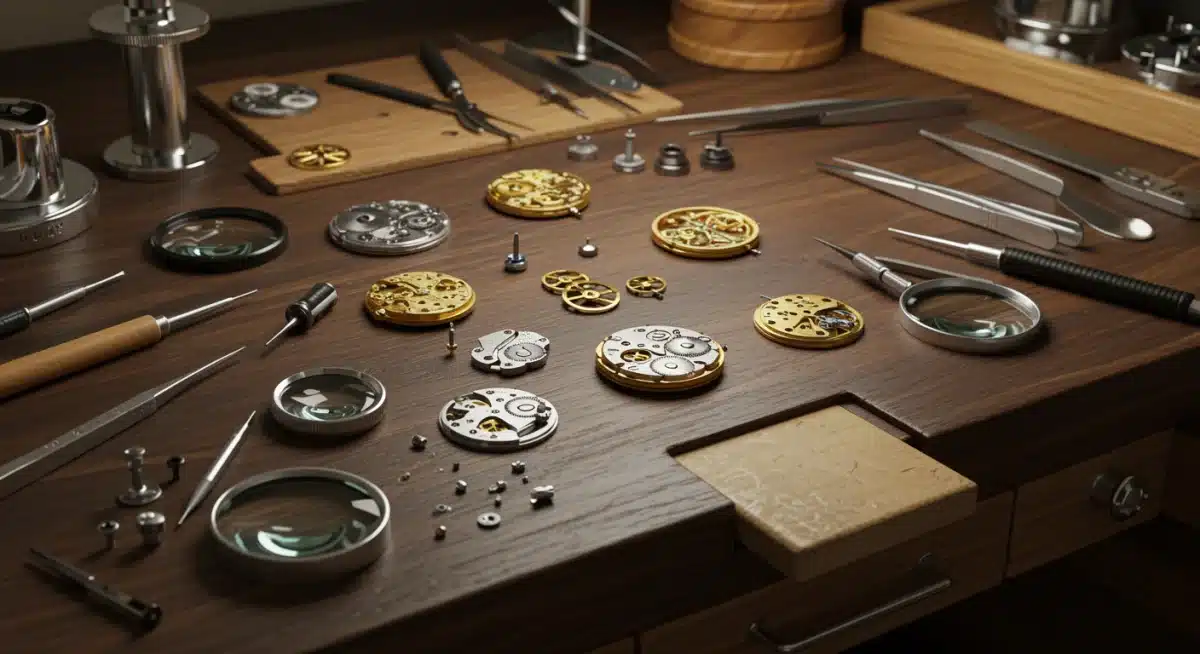 Watchmaker's workbench with tools and gears, symbolizing the intricate craftsmanship of classic timepieces.
