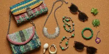 Eco-friendly accessories display with sustainable handbag, recycled jewelry, and plant-based sunglasses