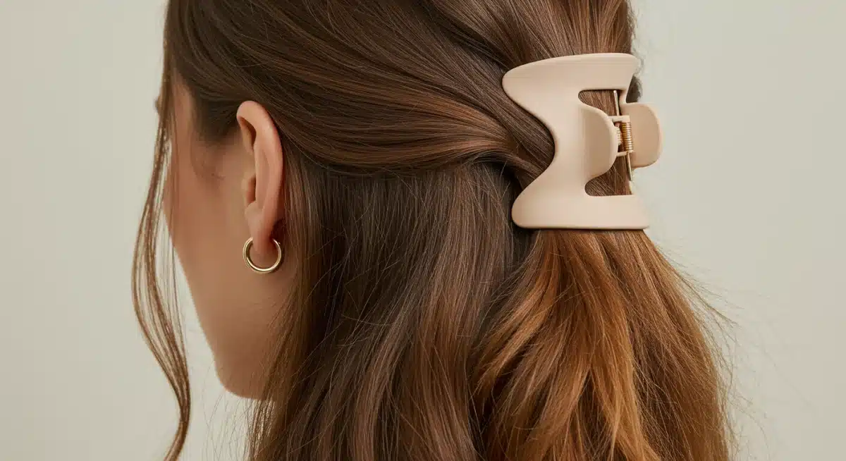 Model wearing a modern, sculptural hair claw, demonstrating everyday chic styling for 2026 hair accessories.