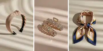 Diverse hair accessories for 2026, including a minimalist headband, a sparkling hair clip, and a silk scarf, set against a chic background.