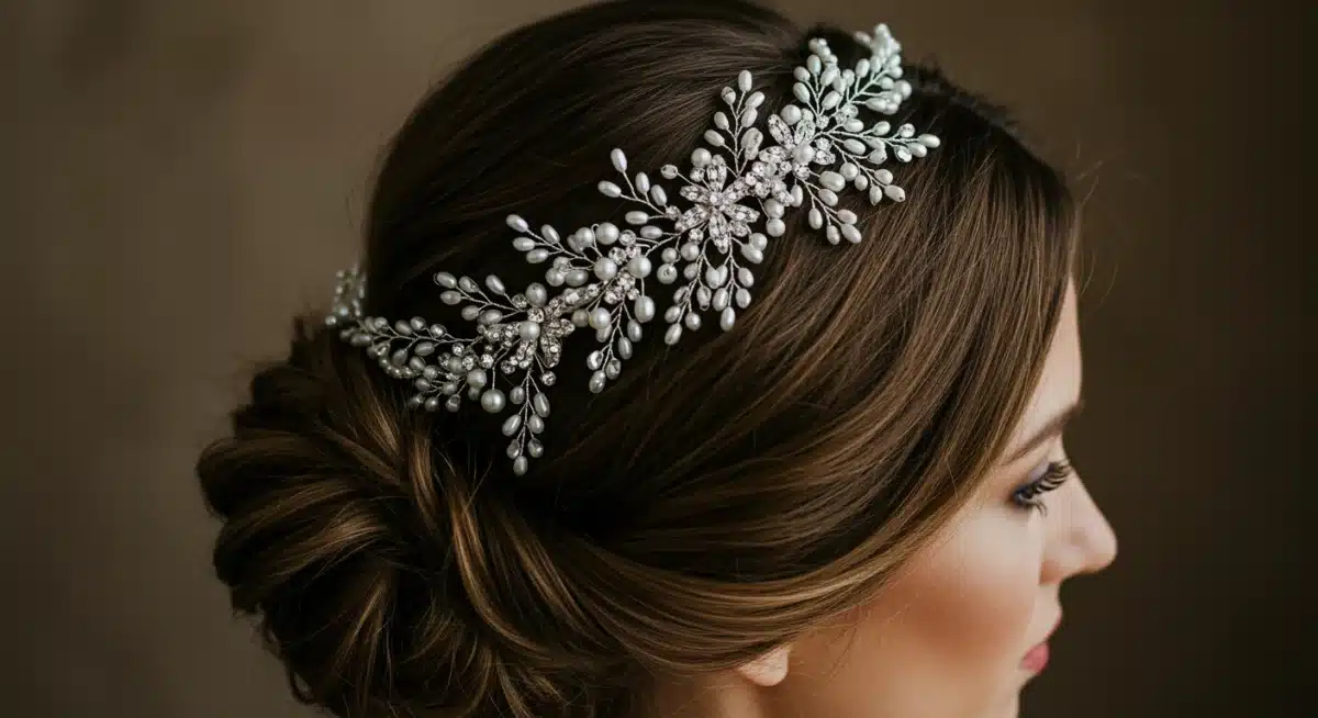 Intricate pearl-encrusted hair vine adorning an elegant updo, showcasing special occasion glamour for 2026 hair accessories.