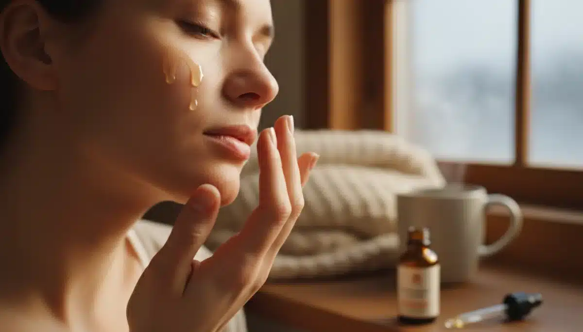 Applying nourishing facial oil for winter skin
